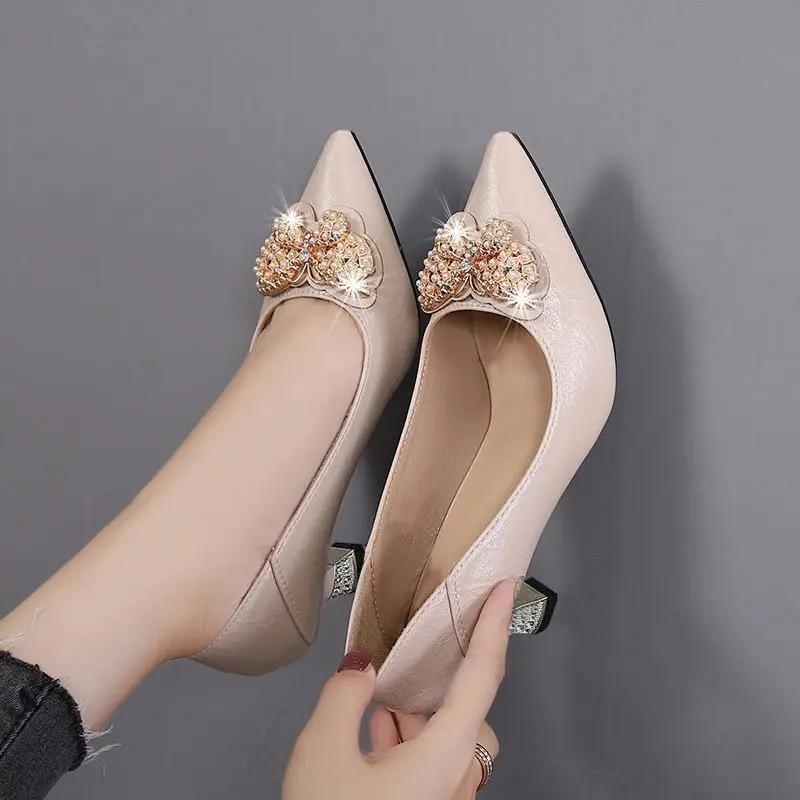 Fashion Block Heel Pointed Toe Ladies Pumps Women's Shoes with Medium Heels Chunky Korean Style Slip on Offer Stylish Genuine Mark Shoe