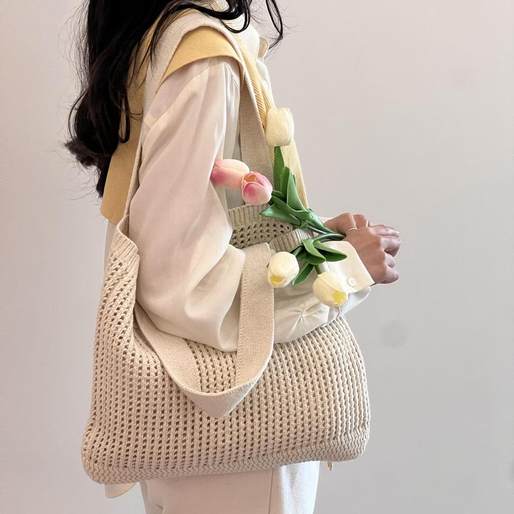 Wool Large Capacity Knit Shopping Shoulder Bag for Women Hollow Out Crochet Girls Tote Bag