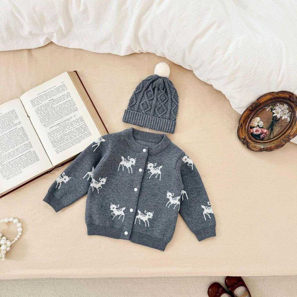 Baby Hirsch Jacquard Strick Strampler & Strickjacke Set für Jungen und Mädchen - Herbst/Winter