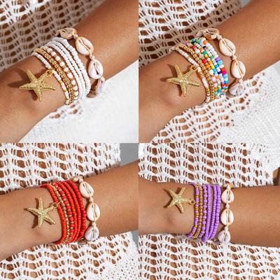 7PCS Boho Fashion Shell Starfish Color Beads Bracelet Set Jewelry for Women Beach Holiday Ocean Elements Handmade Bijoux