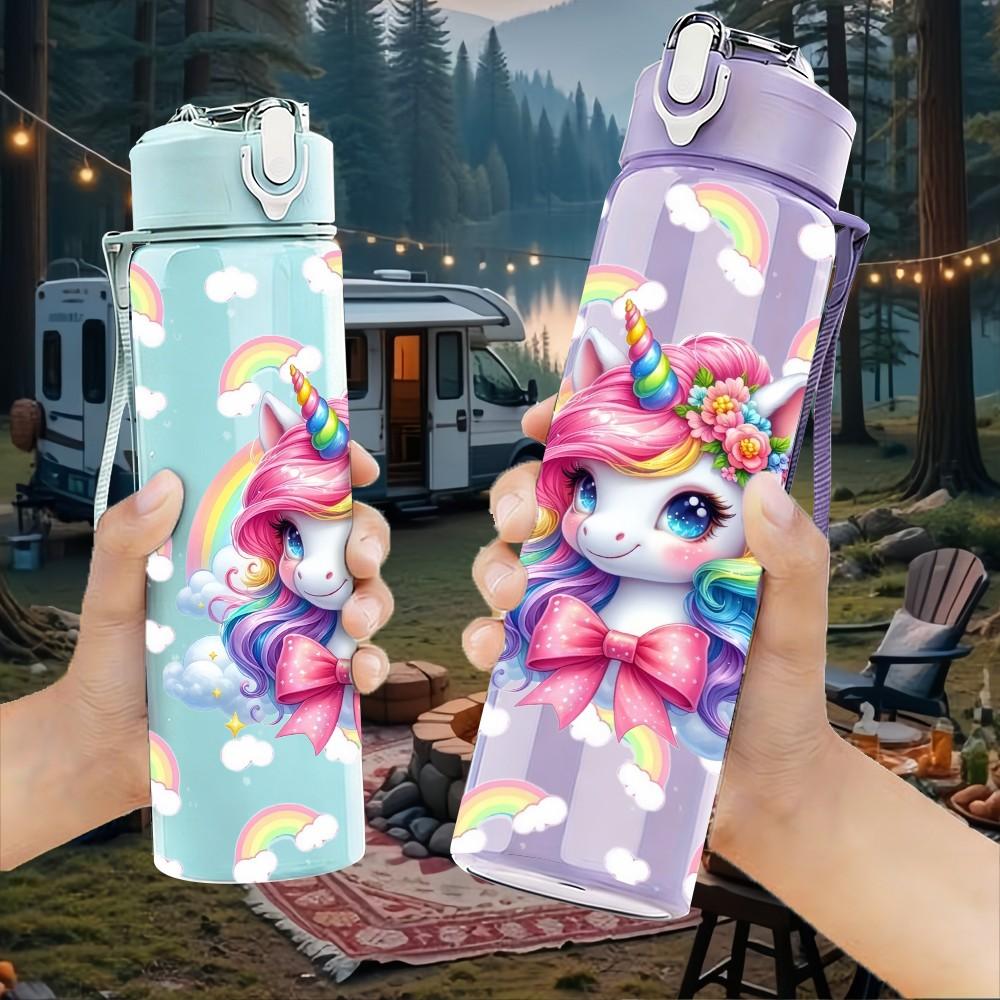 1PC Rainbow Unicorn Pastel Art 750ml Color Plastic Sports Water Bottle Leakproof Flip Straw Lid Suitable for Sports Office Home Use