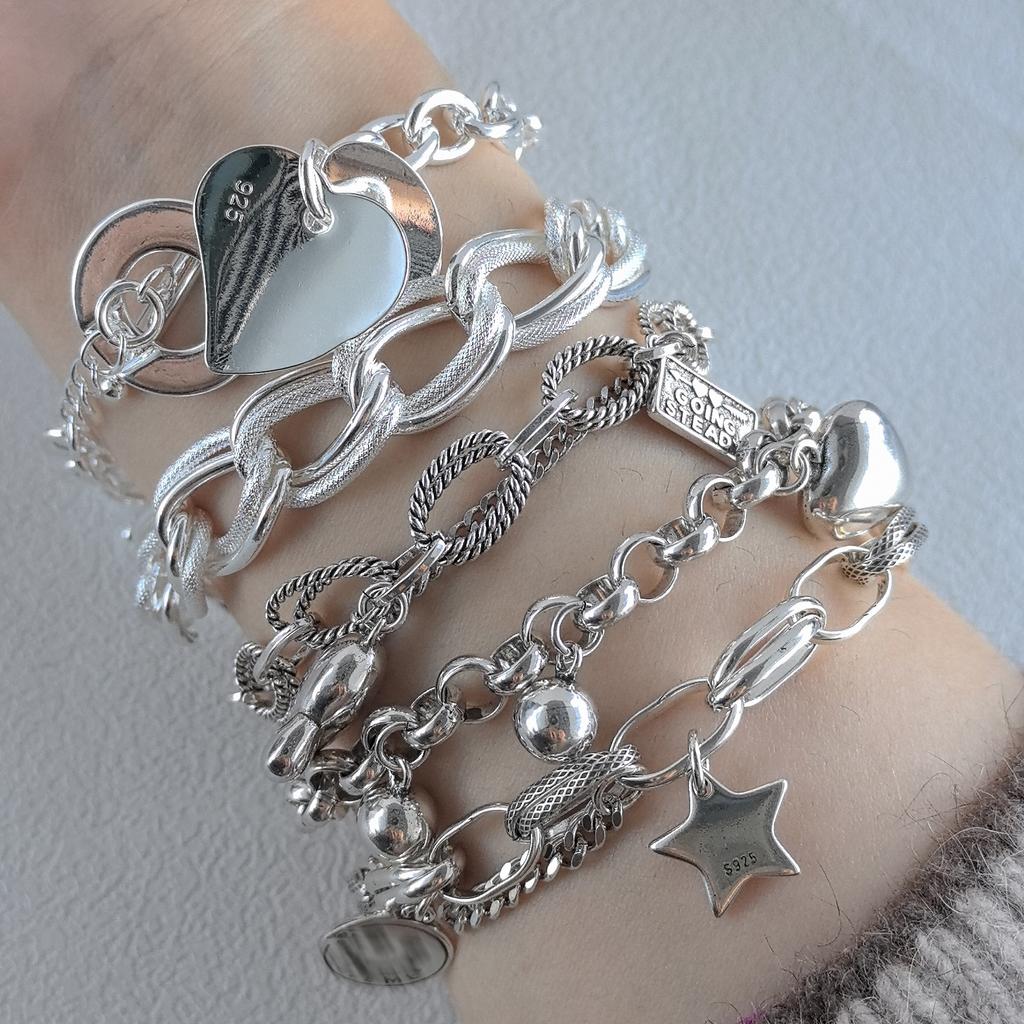 PANJBJ 925 Sterling Silver Metal Bracelet for Women Vintage Handmade Simple Retro Heart Chain Bracelet Birthday Gift Wholesale