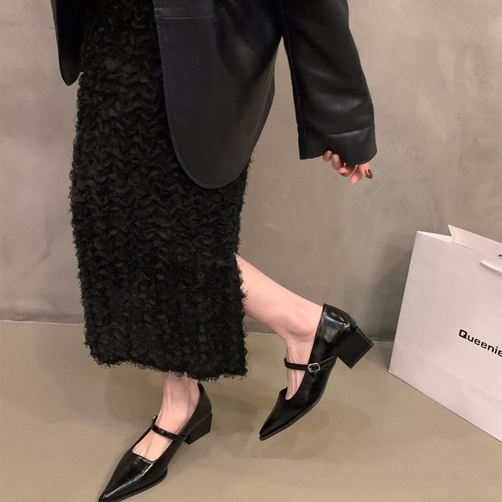 French temperament medium high heel black pointed single shoes women's shoes 2025 new spring and autumn winter Mary Jane evening shoes