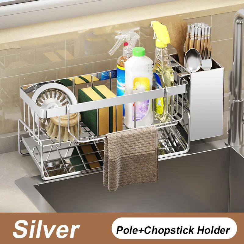 Bathroom Sink Storage Rack Metal Drain Rack with Cutlery Container Dishwashing Sponge Holder Kitchen Countertop Storage Shelf