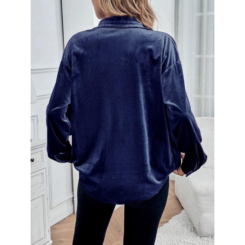 YYFS Damenmode, lässig, Frühling und Herbst, einfarbig, langärmelig, Polo-Ausschnitt, Blusen und Hemden