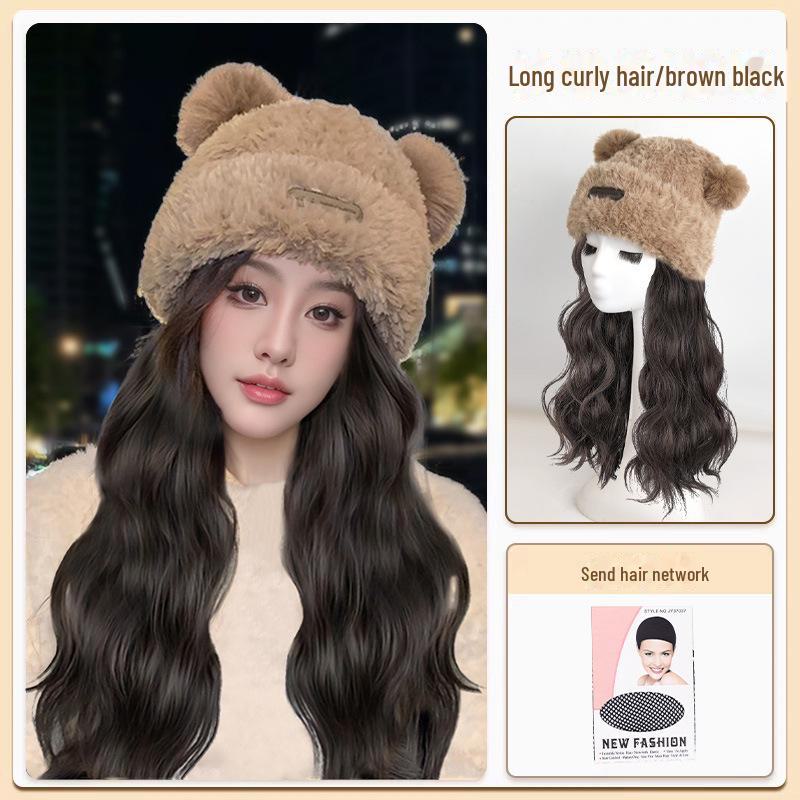 

Женская съемная шапка-медведь с длинным кудрявым париком для осени/зимы - теплая полная шапка-ушанка Brown-Black Big Waves