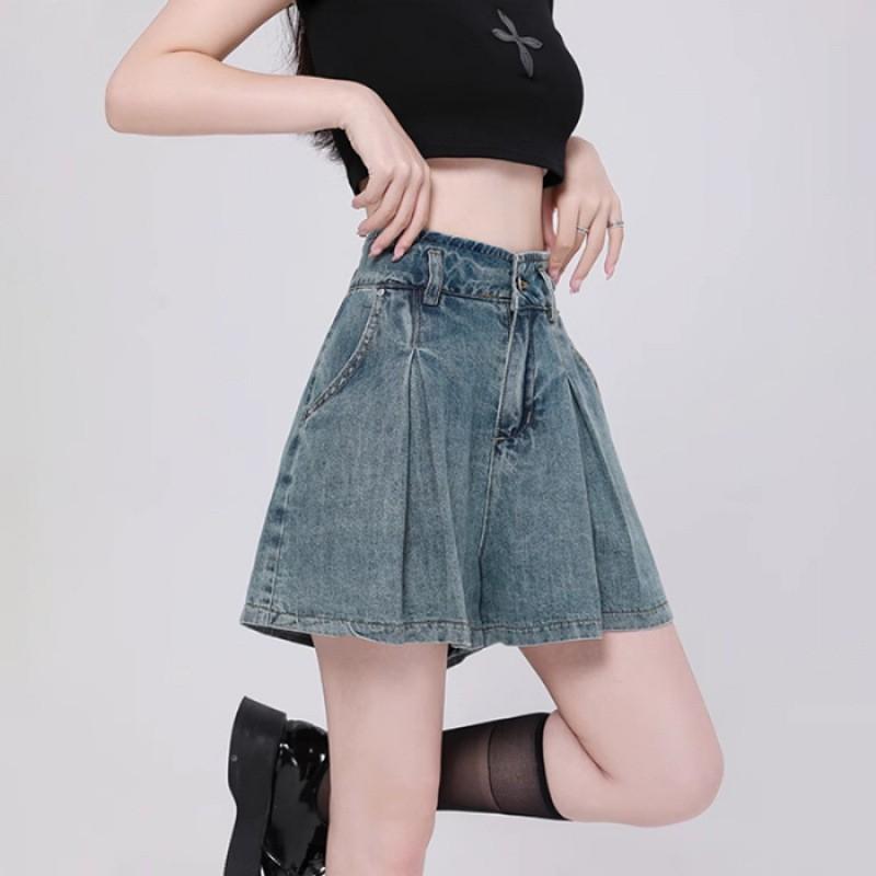 High Waist Wide Leg Denim Shorts Women Ruched Loose Fit A-Line Cropped Jean Skort 2025 Casual Chic XS