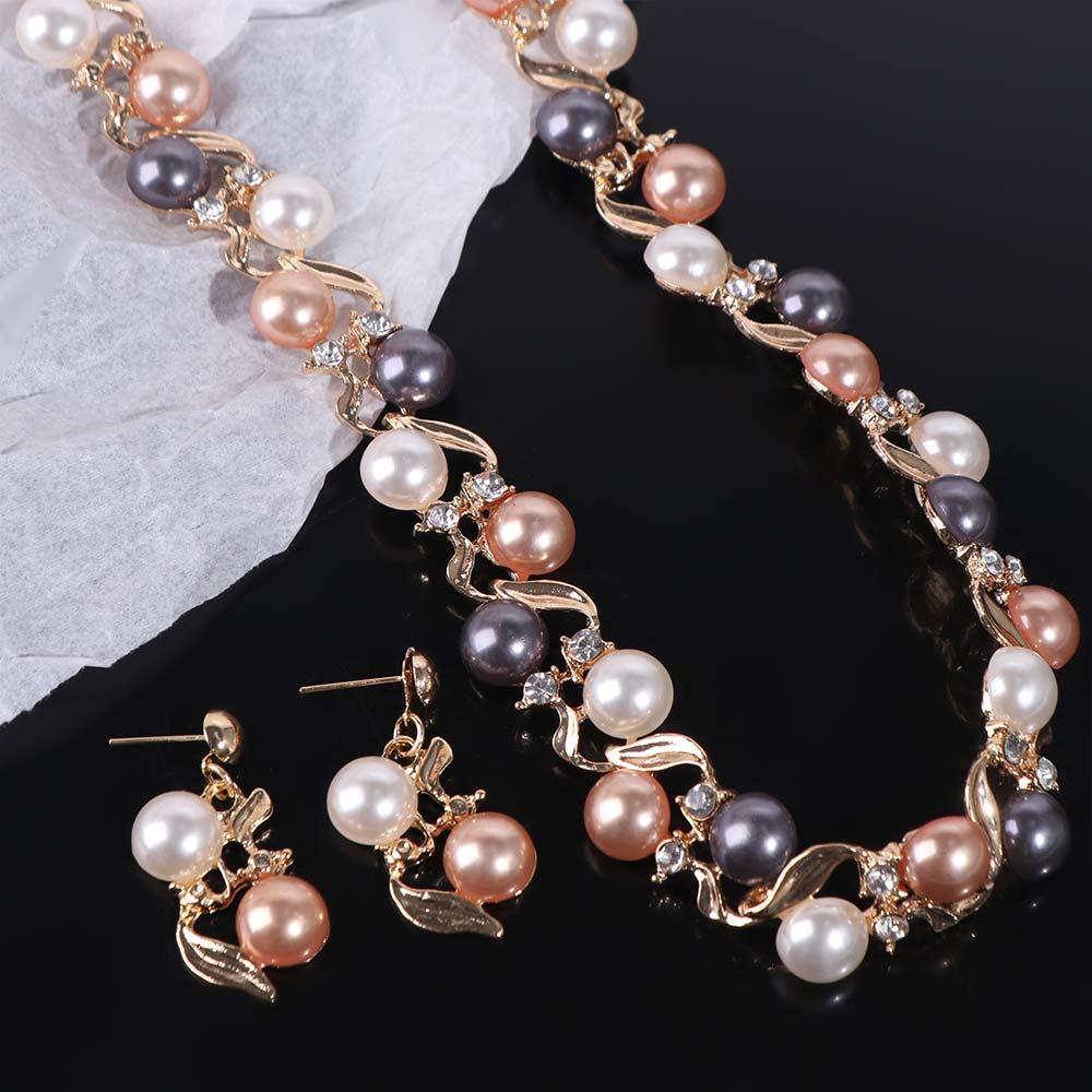 Elegant Pearl Necklace Rhinestone Necklace Earrings Set Exquisite Colorful Pearl Necklace  Gift