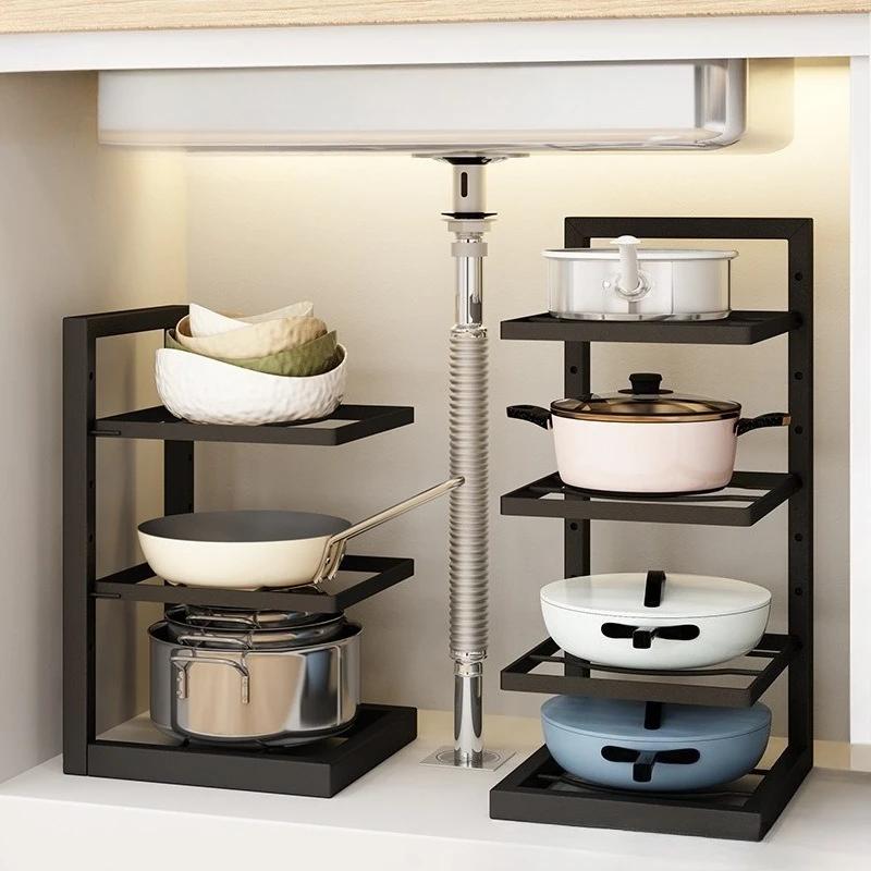 Pot Rack Organizer Under Sink Adjustable Cookware Storage Heavy Duty Space Saving Shelf for Cabinet Kitchen Cookware Holder