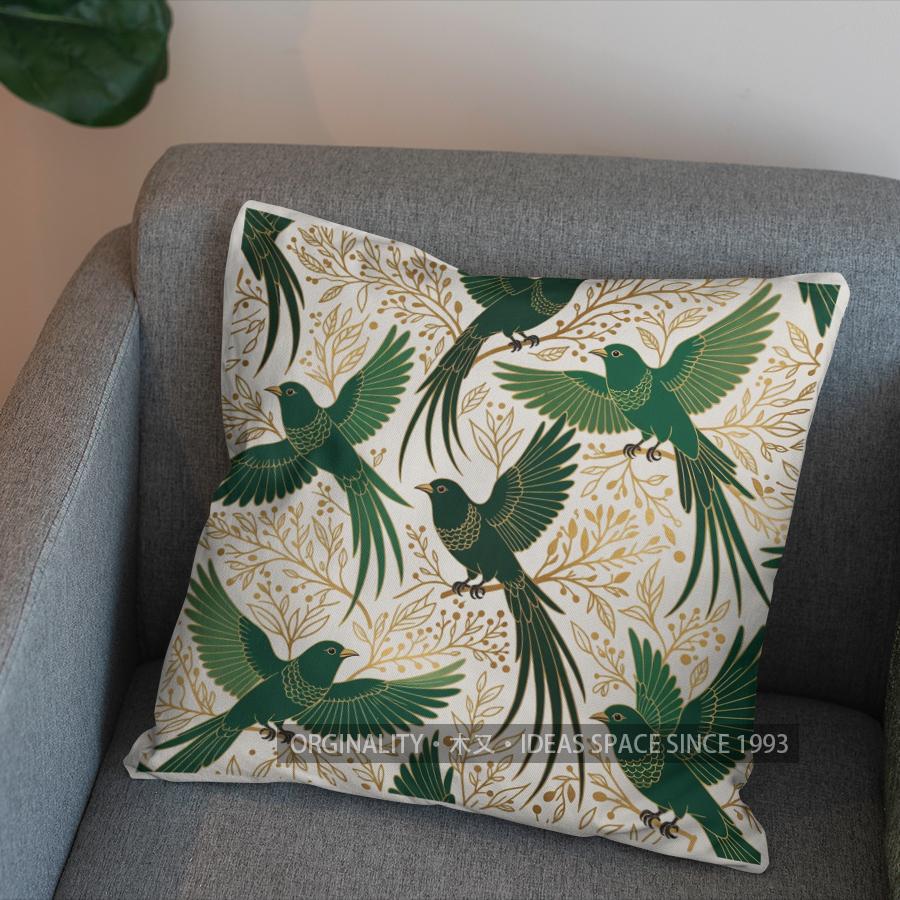 2D Enchanted Green Birds And Leaves Cushion Cover Pattern Cushion Cover Suitable For Sofa Bedroom Car Pillow Cover