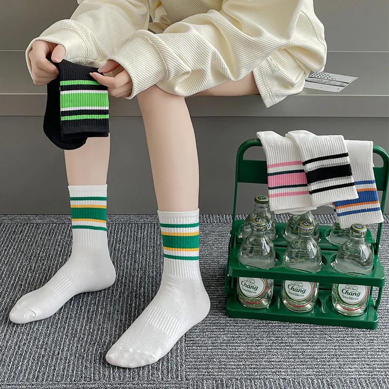 Autumn Fashion Socks Women Mid Calf Striped Color Mix Sport Casual Trendy Crew Socks New Season Must Have For Stylish Outfits