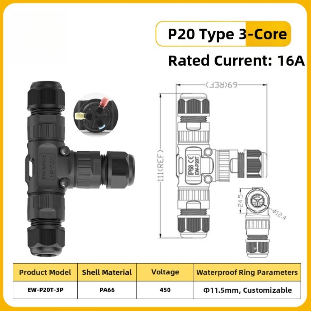 2/3 Core Three-Way Screw Card Connector P20T Type Quick Waterproof Connector Designed for Outdoor Electrical and Solar Panel Use