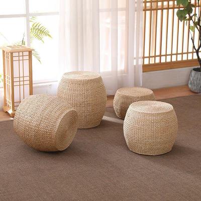 Straw Woven Round Stool: Tatami-Style Shoe Changing Seat, Solid Wood, Low Stool for Living Room.