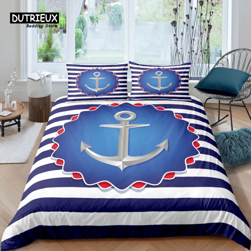 Home Living Luxury 3D Anchor Bedding Set Blue Stripes Duvet Cover Pillowcase Queen and King EU/US/AU/UK Size Comforter Bedding