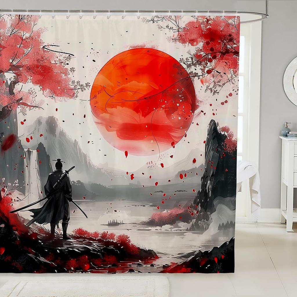 Japanese Geisha Shower Curtain Red Cherry Blossoms Bath Curtain For Boys Girls Teens Japanese Ukiyoe Bathroom Shower Curtain