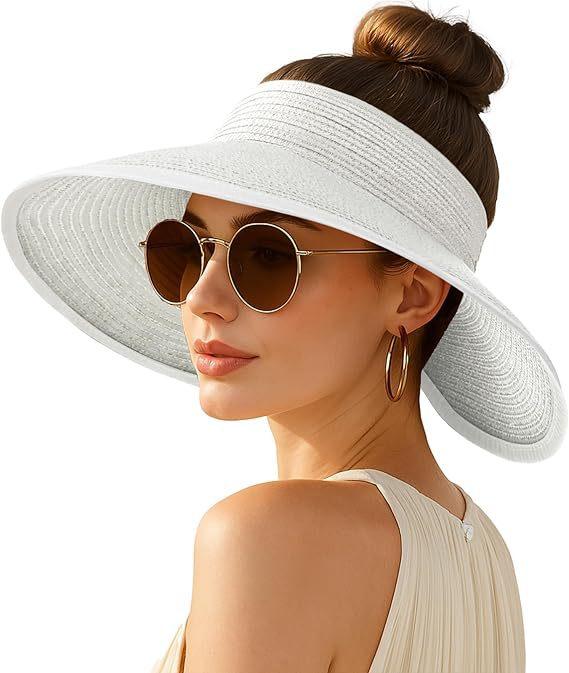 Cappello Visiera Parasole Sportivo da Donna Traspirante a Tesa Larga con Parte Superiore Aperta in Paglia con Fascia Regolabile per Spiaggia Escursionismo Corsa