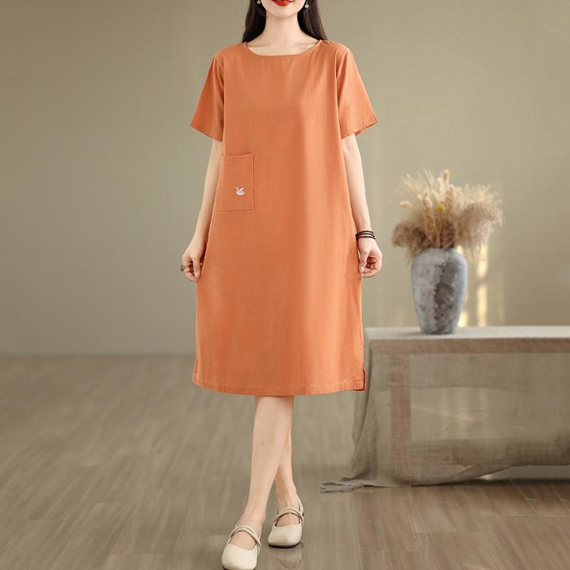 Short Sleeve Plus Size Cotton Vintage Embroidery New In Dresses for Women Casual Loose Midi Summer Dress