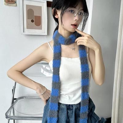 Fashion Y2 Striped Scarf Warm Soft Sausage Thin Scarf Knitted Wool Long Narrow Scarves Women Men