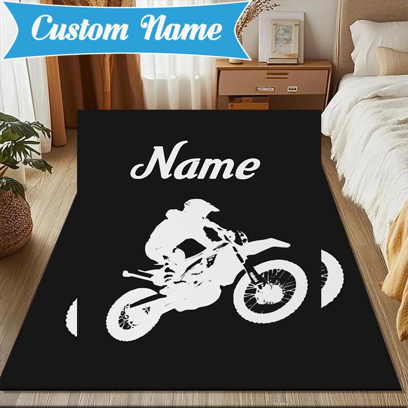 Custom Name Sport Bike Rug for Living Room, Game Rooms, Office, Bedroom, Floor Mat Playful Design, fan gifts Christmas decor