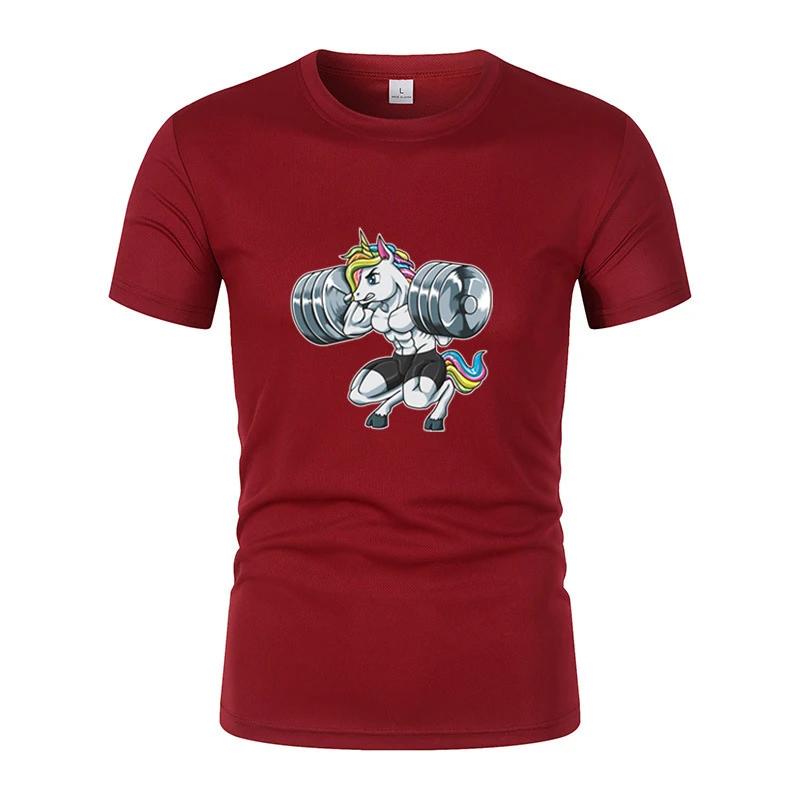 Fun Gym Unicorn Weightlifting Fitness Bodybuilding Printed Round Neck T-Shirt Summer Breathable Quick-Dryingcasual Short Sleeves
