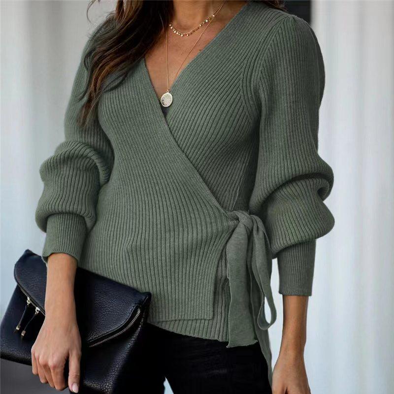 IHUASU Autumn and Winter Tie Temperament Commuter V-neck Jumper Women's Loose Large Size Fashion Knitted Cardigan