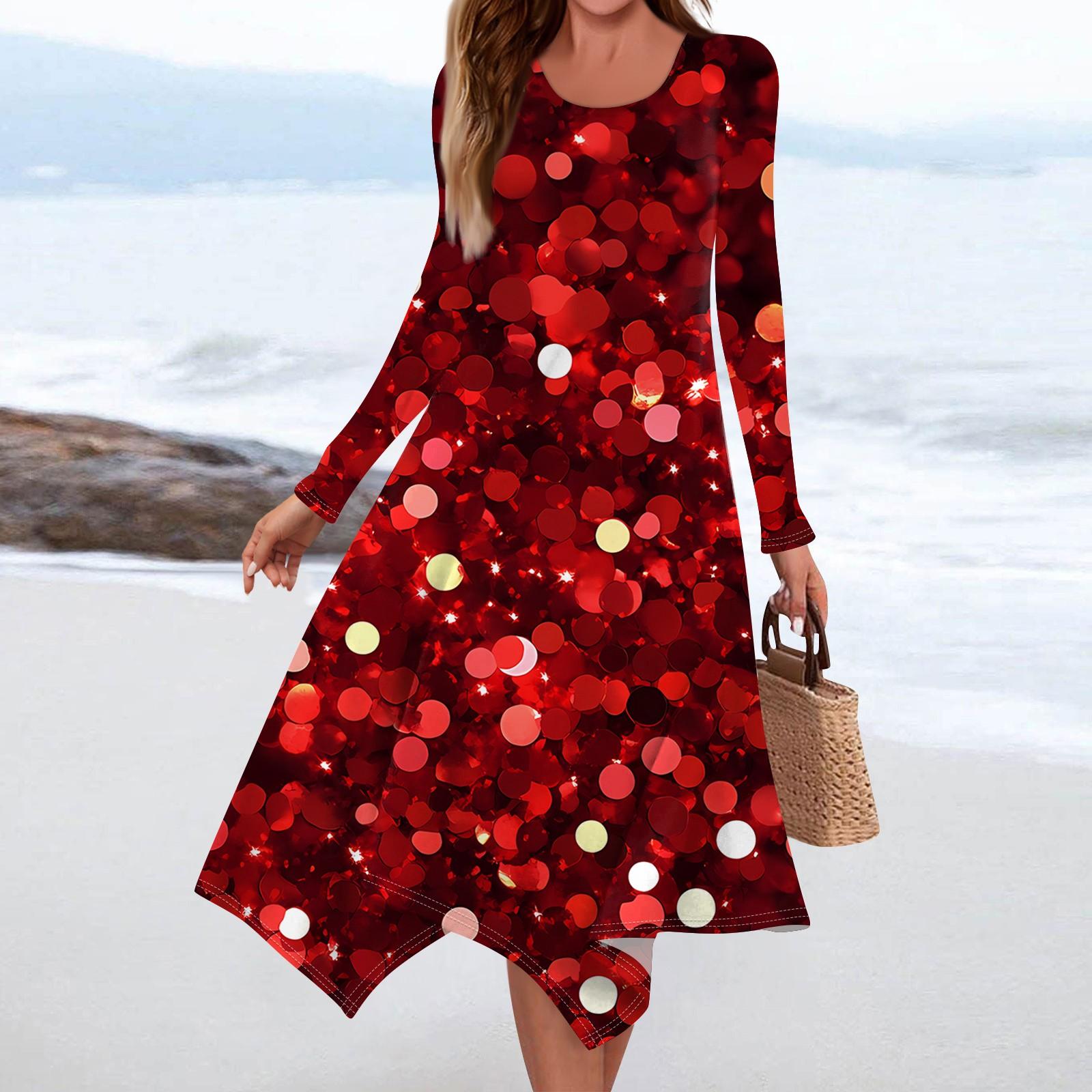 

Женское повседневное модное платье миди с круглым вырезом и длинным рукавом с принтом и неровным подолом XXL красный