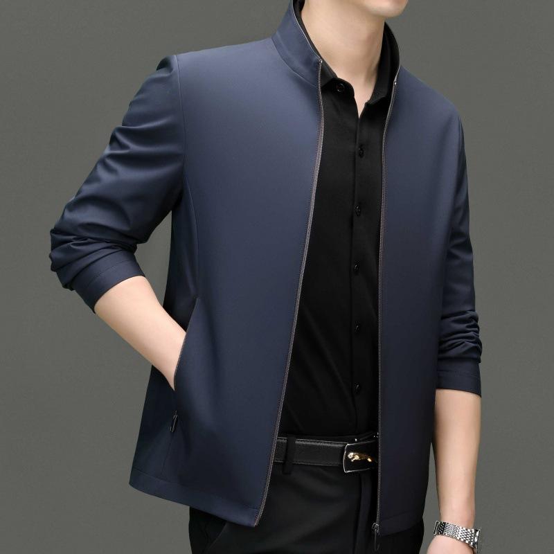 New Mulberry Silk Men's Jacket Spring and Autumn Business Casual Young and Middle-aged Stand Collar Thin Jacket Leader Dad Wear