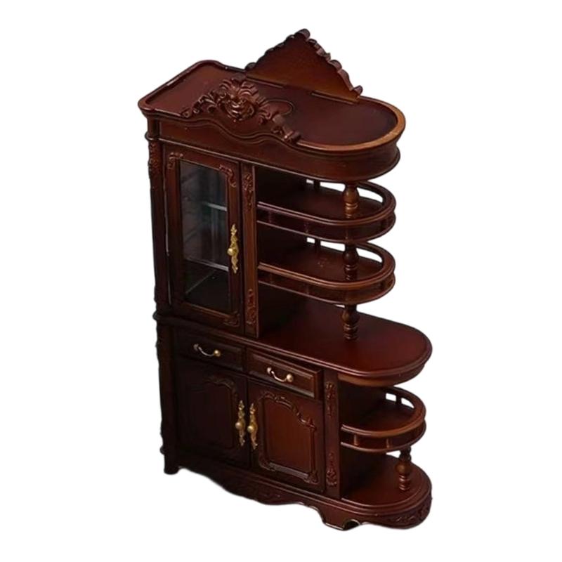 

Hand Painted Antique Doll House Furniture Miniature Screen Cabinet Model Figure With Functional Drawers And LED Lighting темно-коричневого кольору
