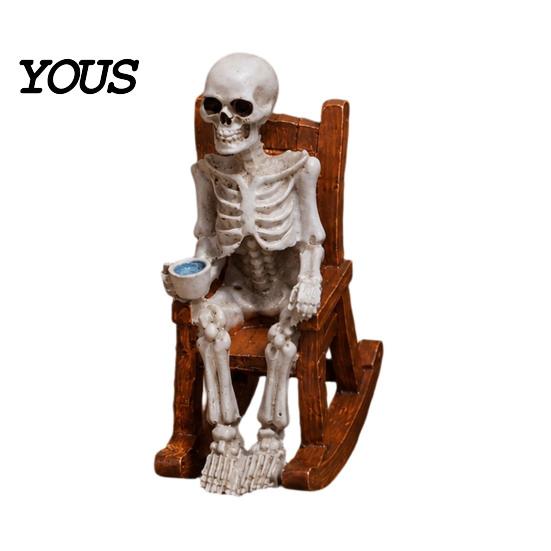 Novelty Skeleton Reading Figurine Halloween Figurine, Resin Sitting On Rocking Chair Statue, Drinking for Home Decor Coffee Crocheting Tabletop
