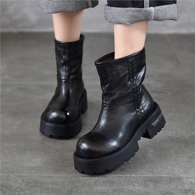 Johnature Genuine Leather Thick Soled Thick Heel Mid-calf Boots Plush Warm Women's Slip-on Boots