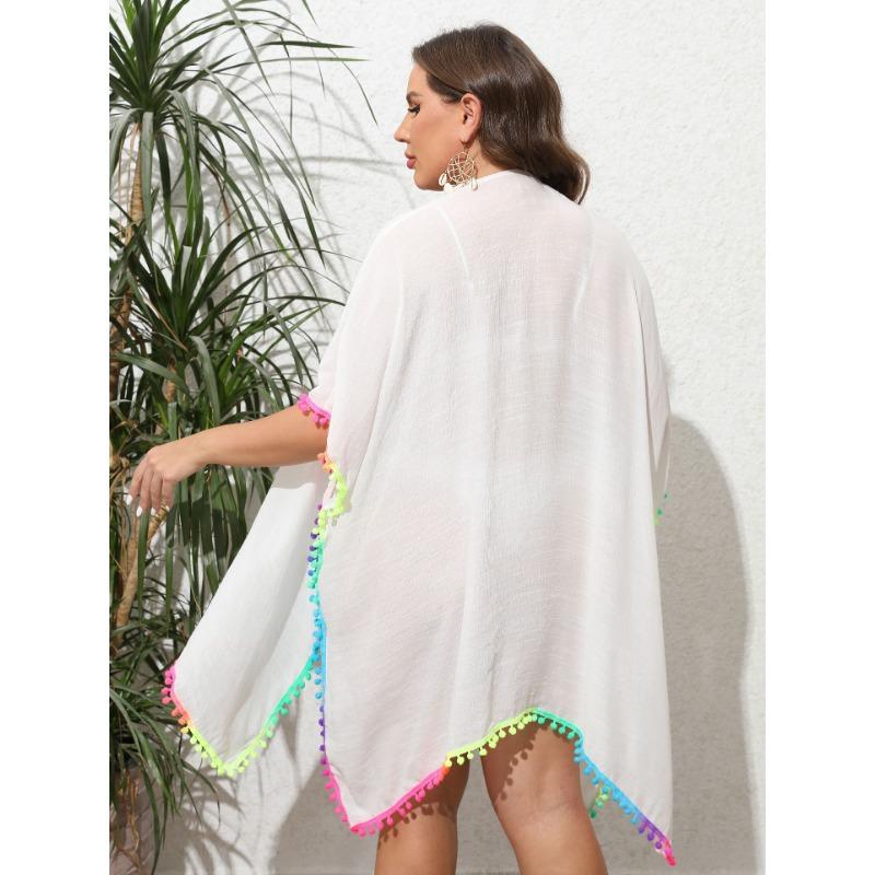 Übergröße Damen Sonnenschutz Strickjacke Fransen Patchwork Locker Unregelmäßig Strand Bikini Smock