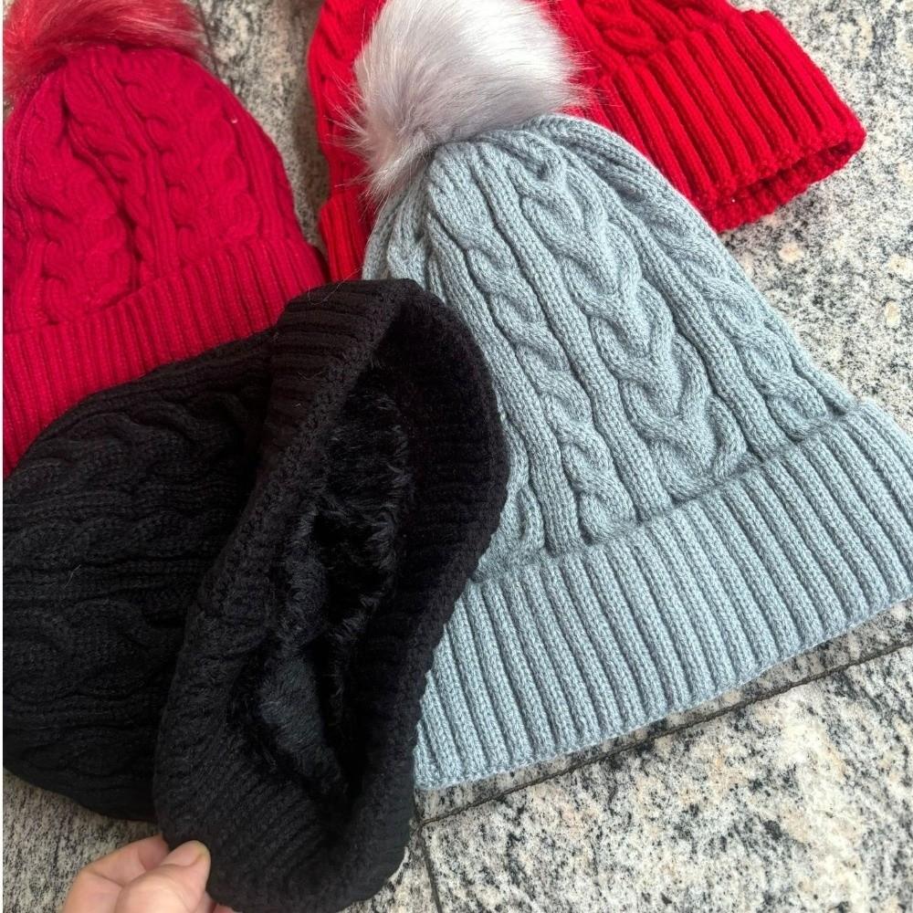 Solid Color Pompom Thick Plush Cap Warm Winter Bonnet Cute Winter Twist Knitting Hat Hiking