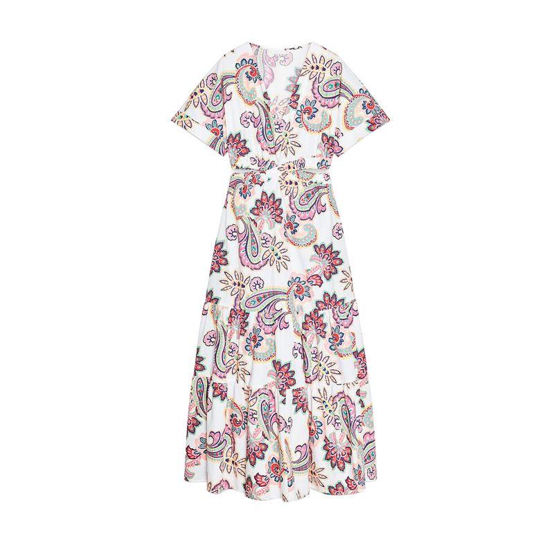 

Spring and Summer Women s Clothing Retro Style V Neck Curling Short Sleeve Opening Design Print Poplin Dress 2877208 Multicolor L