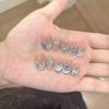 10Pcs Cute Cat Eye Almond Fake Nails Blue Shiny With Small Rhinestones Nude Short Oval Finished Artificial Manicure