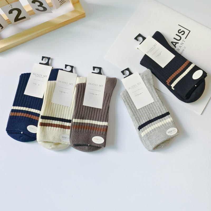 Men's Thickened Cotton Mid-Calf Socks - Warm, Sweat-Absorbing, Breathable Sports Striped for Teens In Autumn/Winter