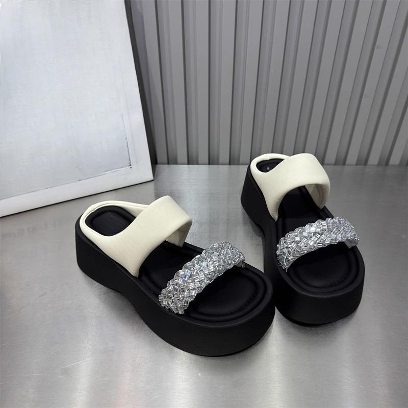 Fashion Platform Wedge Slippers Women's Fashion Round Toe Open Toe Sequin Sequin Strap Platform Non-Slip Cool Mopping