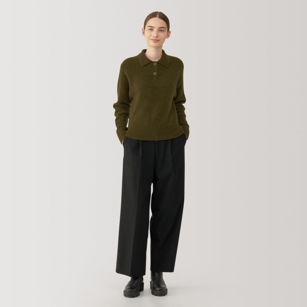 MUJI Boucle Polo Khaki Size BA1P7A4A Women's Wool-Blend Sweater, Green, L,