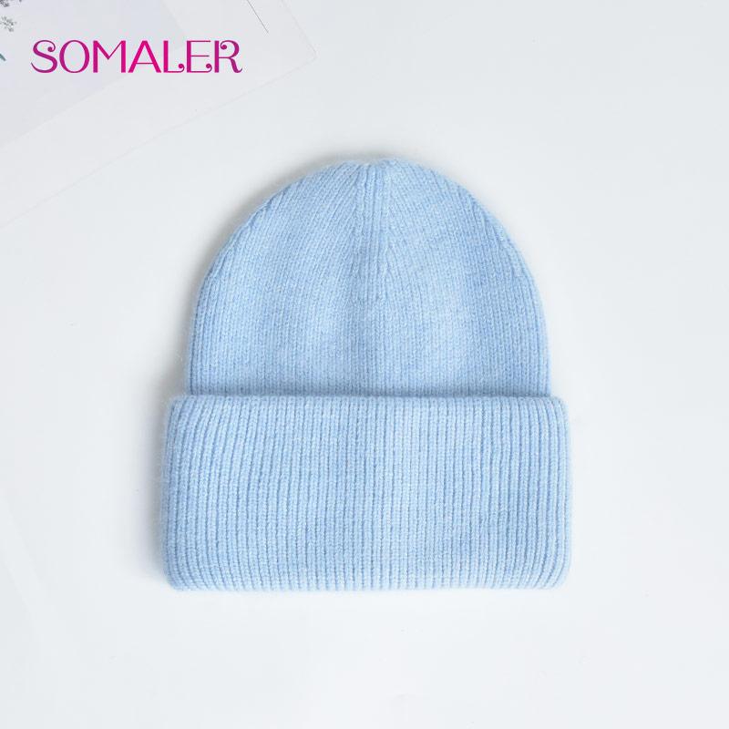 

SOMALER вязаные шапки с широкими манжетами для женщин, зимняя шапка из ангорской шерсти, мягкие теплые лыжные шапки высокого качества светло-синий