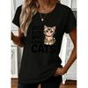 Lady'S "Only Loves Cats" Crew-neck T-shirt - Comfortable, Gray With White Text And Cat Pictures, Casual Fall/winter Wear, Comfortable Clothing