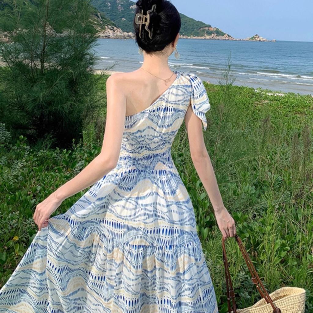 Thailand Travel Photo Slanted Shoulder Dress Niche Design Temperament Waist Skirt Sanya Vacation Beach Dress