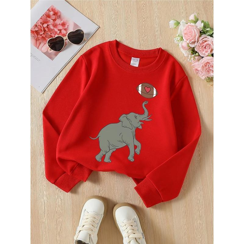 Kids Unisex Crewneck Sweatshirt, Cartoon Gray Elephant Balancing Football With Red Heart Print Soft Fleece Pullover For Kids Over 4 Years Old