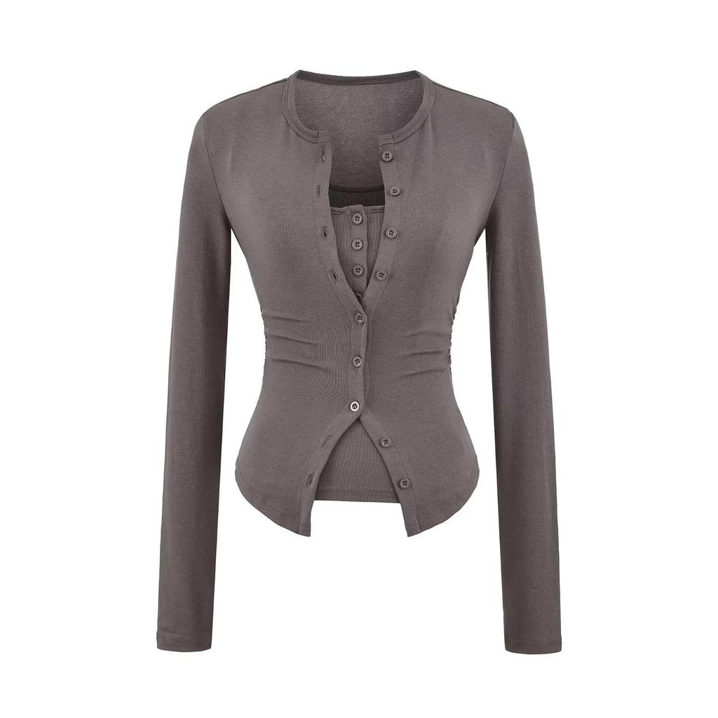 American Style Women's Waist-Cinched Button-Down Cardigan Vest and T-Shirt Two-Piece Set