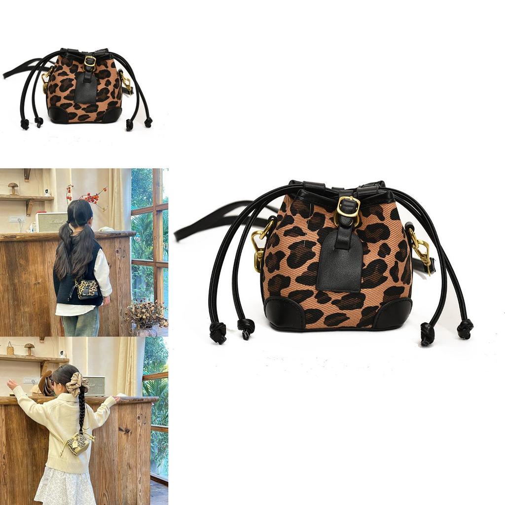 Childrens Retro Leopard Print Drawstring Water Bucket Bag With Pu Material For School And Casual Use