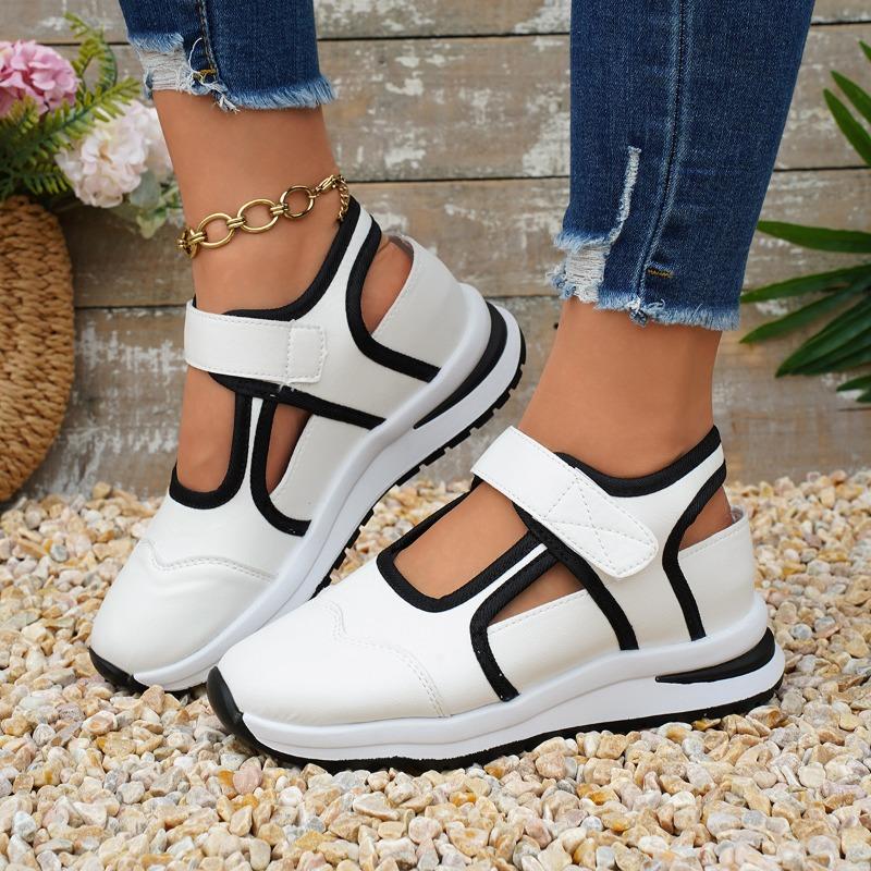 Women's Thick-Soled Velcro-Strap Color-Blocked Round-Toe Flat Casual Slip-On Shoes, Versatile European Style.