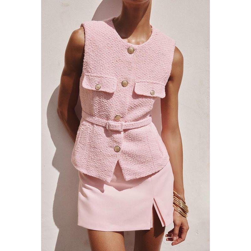 Spring New Women Clothes Simple Style Round Neck Metal Buckle With Belt Punk Texture Vest 2132904