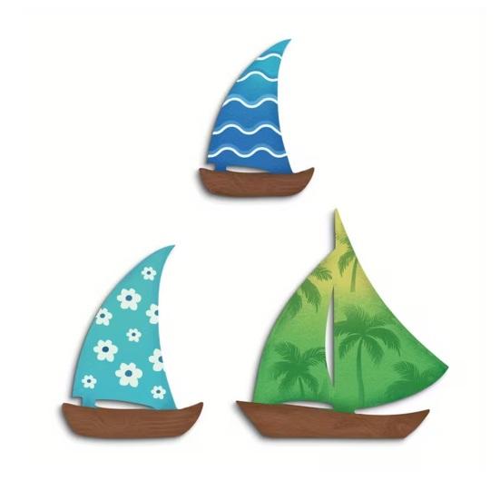 

3 Pcs Summer Wood Sailboat Nautical Wall Decor Rustic Wall Hanging Sculpture Ocean Coastal Wall Art for Bathroom Living Room Lake House A