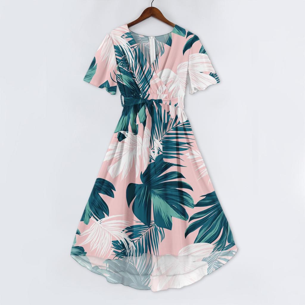 Women's Casual V Neck Short Sleeve Dress Retro Floral Print Midi Dress Lightweight Comfortable Fit Flared Hem Summer Dress