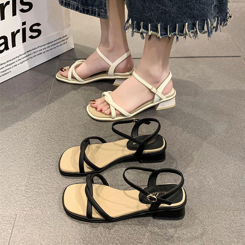 One word with sandals women 2025 summer new fashion versatile thick heel fairy style retro French niche high heels