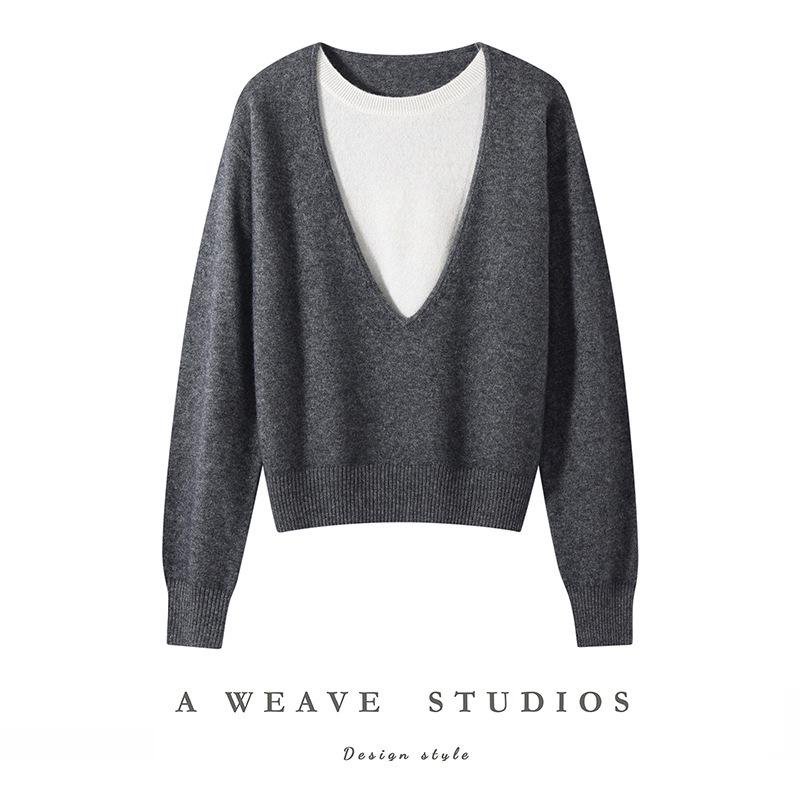 35% Cashmere Women's Color Block Faux Layered Korean Style Pullover Sweater