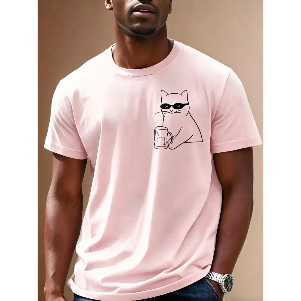 Minimally Drinking Cat Print Pattern Men Summer Cotton T-shirt Fashionable Comfortable Soft Breathable Casual Loose Versatile T-shirt